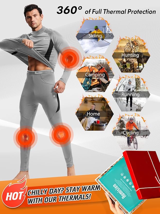 romision Thermal Underwear for Men Long Johns Fleece Lined Hunting Gear Bottom Top Set Base Layer for Cold Weather Gift