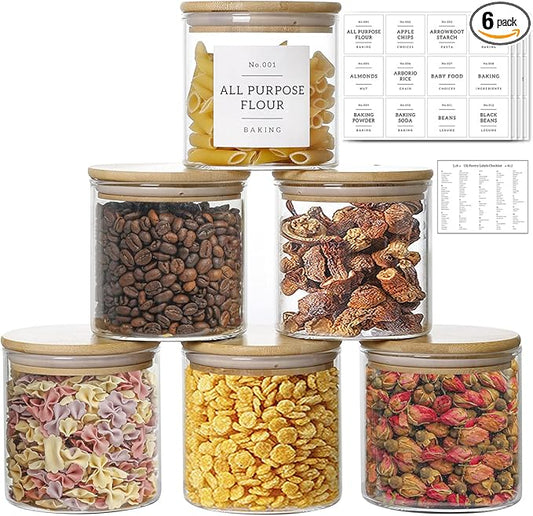 20 OZ Glass Food Storage Jars with 132 Pantry Labels Preprinted - 6 Pcs Thicken Glass Storage Containers with Airtight Bamboo Lid - Clear Kitchen Canister for Spice, Tea, Coffee, Sugar, Cookie, Candy