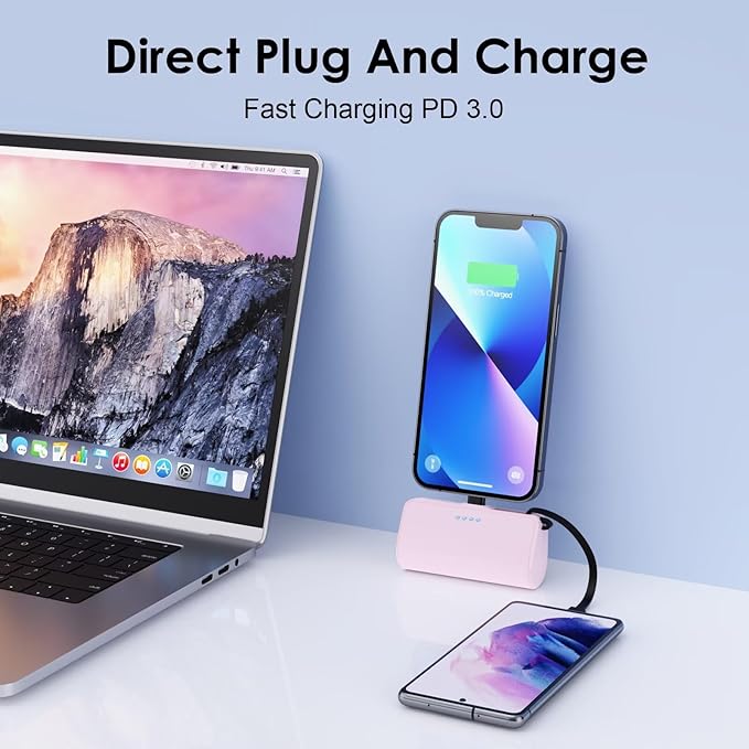Mini Portable Charger for iPhone with Built-in Type-C Cable, 5200mAh Ultra-Compact Power Bank, PD 20W Fast Charging Battery Pack Phone Charger for iPhone 16/15/14/13, Samsung, Google, Android (Pink)