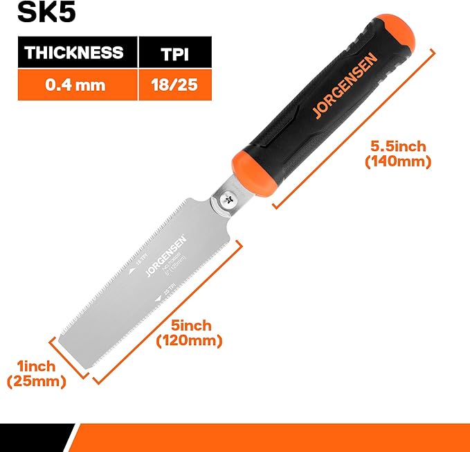 JORGENSEN Japanese Flush Cut Saw, 5 Inch Pro Double Edge Pull Saw, SK5 Flexible Blade Wood Handsaw, 18/25 TPI Blade with Soft Grip Handle for Hardwood & Softwood Woodworking, Wood Trim