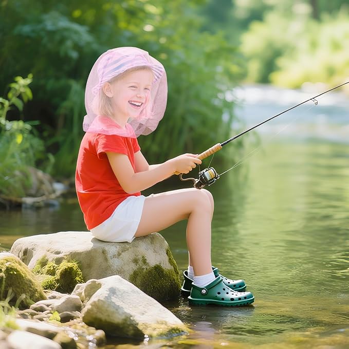 South to East Premium Girls Mosquito Head Net for Insect, 2 Pack, Fly & Bug Protection | Ultra Large & Long, Extra Fine Holes for Camping, Hiking, Fishing, Safari, Fits All Hats for 5-12 yrs, Pink