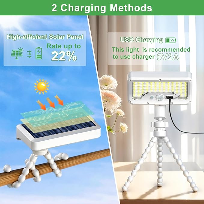 Tryme Solar Lights Outdoor with Motion Sensor, USB & Solar Powered, Adjustable Angle, 3 Modes, Octopus Stand, IP65 Waterproof Fence Lights for Garden, Gate (2 Pack)