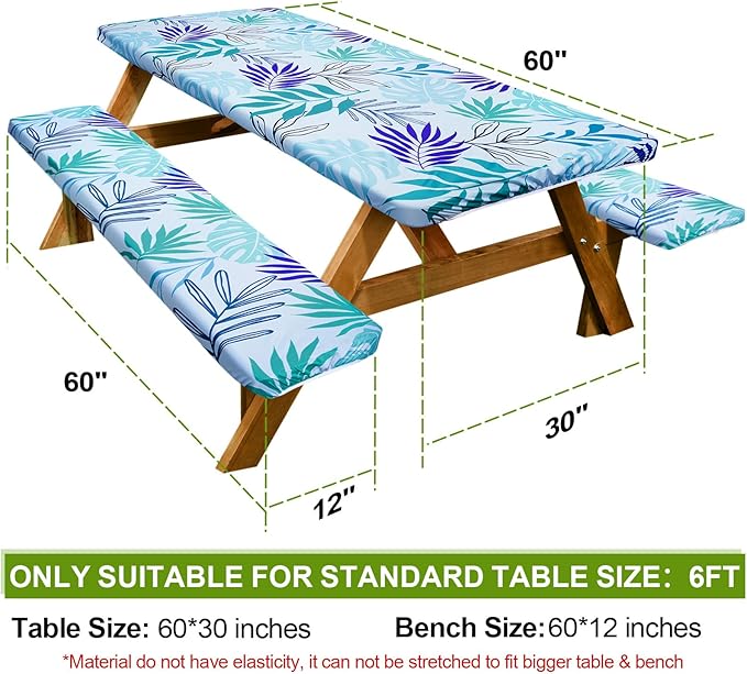 Picnic Table Cover with Bench Covers Camping Essentials Waterproof Windproof Camping Tablecloth with Drawstring Bag, Fitted Rectangle Tables and Seats, 60in, Light Green Blue