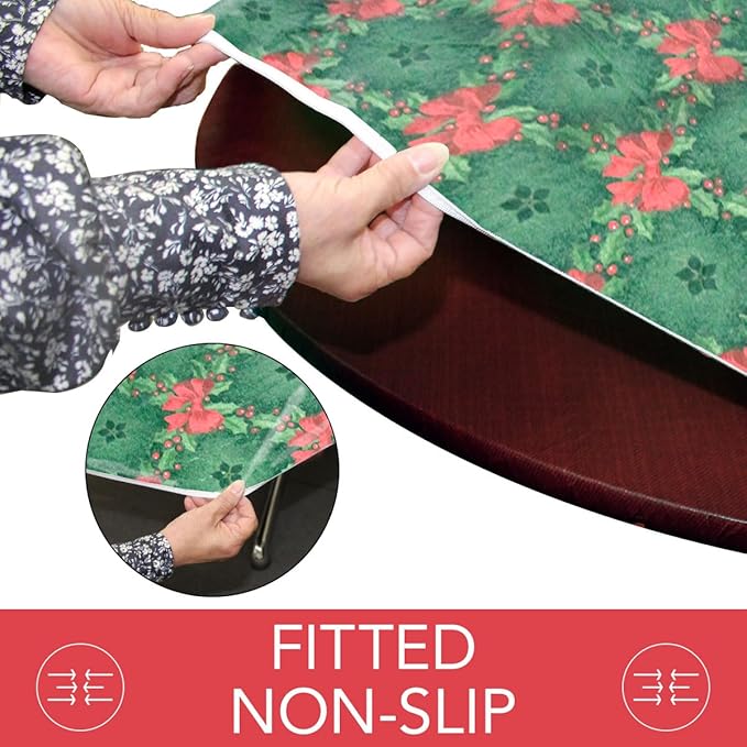 Violet Linen Holly and Ribbons Elastic Round Table Cover, Large