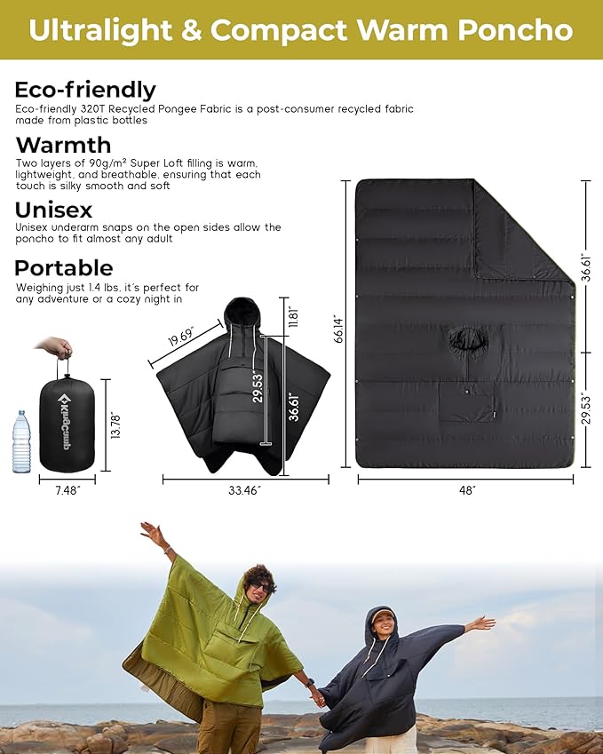 KingCamp Camping Wearable Hoodie Blanket Poncho Ultralight Sleeping Bag Adult, Outdoor Stadium Water-Repellent
