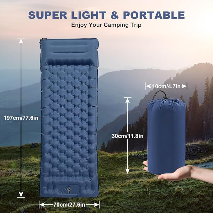 Camping Sleeping Pad with Pillow: Extra Thick 4.7 Inch Ultra-Light Self Inflating Air Mat, Portable Waterproof Inflatable Sleep Mattress with Built-in Foot Pump for Outdoor Traveling (Navy Blue)