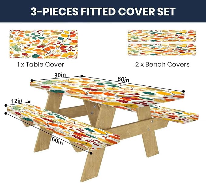 CAPSCEOLL Elastic Picnic Table Cover with Bench Covers 5Ft Waterproof Fitted Picnic Table Cover Cloths for Outdoors Camping Tablecloth with Drawstring Bag, 60X30in, Fall Leaves