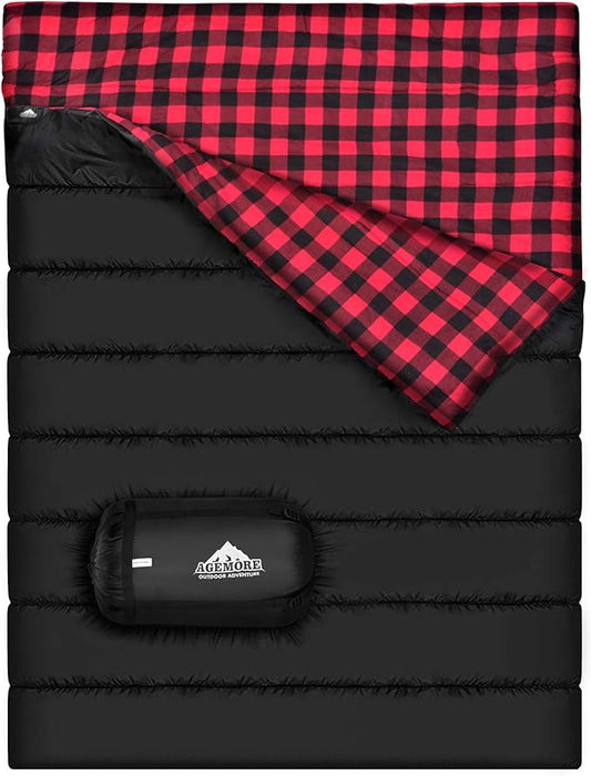 AGEMORE Cotton Flannel Double Sleeping Bag for Camping, Backpacking Or Hiking. Queen Size 2 Person Waterproof Sleeping Bag for Adults Or Teens. Lightweight with Compression Sack