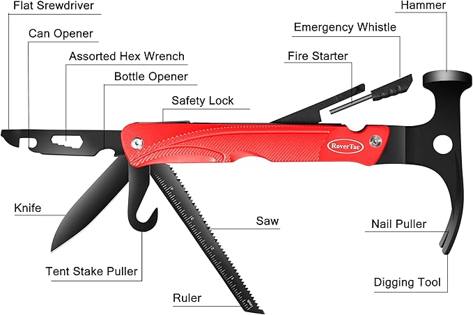 RoverTac Multitool Camping Hammer, 13-in-1 Survival Tool with Knife, Saw, Whistle, Fire Starter & More - Compact Gear for Camping, Hiking, Outdoors - Perfect Gifts for Men, Dad, Stocking Stuffers