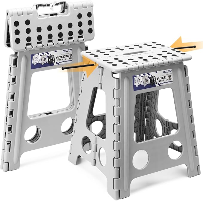 Delxo 16 Inch Folding Step Stool,Foldable Stool for Adults,Portable Collapsible Plastic Stepstool,Non Slip Folding Stools for Kitchen Bathroom Bedroom Up to 400LBS,(Grey 1PC)