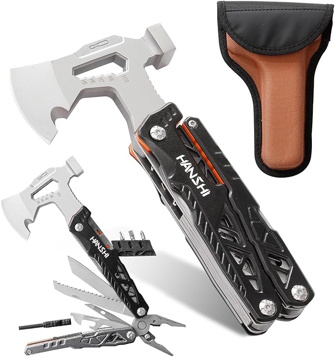 HANSHI Camping Axe Multitool with YG10 Tungsten Steel Replaceable Wire Cutters for Gift,17 in 1 Multi Tool with Spring-Action Pliers,Knife,Screwdriver,Flint Rob,Safty Whistle with Nylon Sheath (Black)