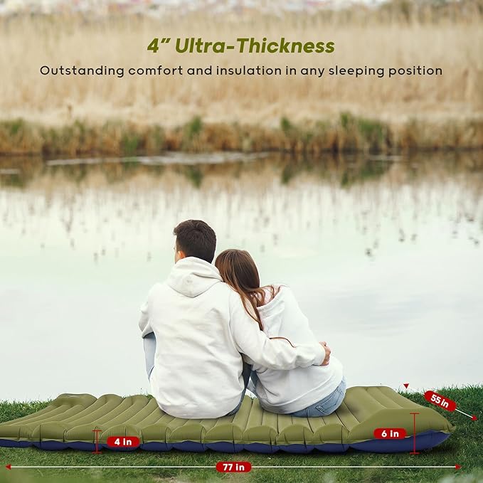 4 Inch Thick Double Sleeping Pad for Camping, with Foot Pump and Pillow, Lightweight Camping Mattress 2 Person for Outdoors, Backpacking, Hiking
