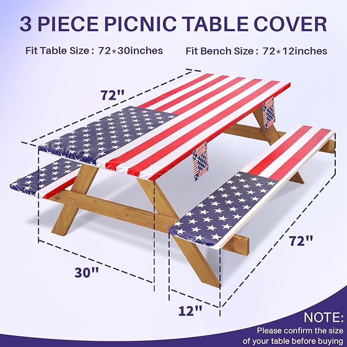 Picnic Table Cover with Bench Covers Fitted Elastic Non Slip Water Resistant Camping Tablecloths for 6 Foot Rectangular Tables Travel Trailer Gadgets Summer Garden Supplies Gifts for Couples