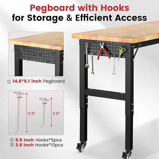 Workbench with Wheels 60 Inch Rubberwood Tabletop Garage Workbench Adjustable Height Work Bench with Pegboard, Power Outlets for Woodworking, Home, Office, Workshop