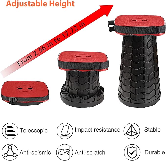 Portable Collapsible Stool Set - Heavy Duty Square Collapsible Stool + Thick Seat Cushion - 550lbs Load Capacity for Camping Travel Picnic Gardening (Red/Black)