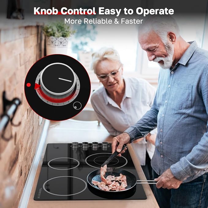 ThermoMate 30 Inch Electric Cooktop, 4 Burners Knob Control Built-in Ceramic Cooktop, 30" Radiant Electric Stove Top of 6700W with 9 Heat Levels, Hot Surface Indicator, 220-240v, Hard Wired