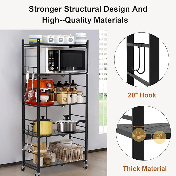 Himix Storage Shelves with 20 Hooks, 5-Tier Collapsible Organization Storage Rack Bookshelf Folding Pantry Shelves Cube Shelf Wire Shelving Holds 440 Ibs for Garage Kitchen Room