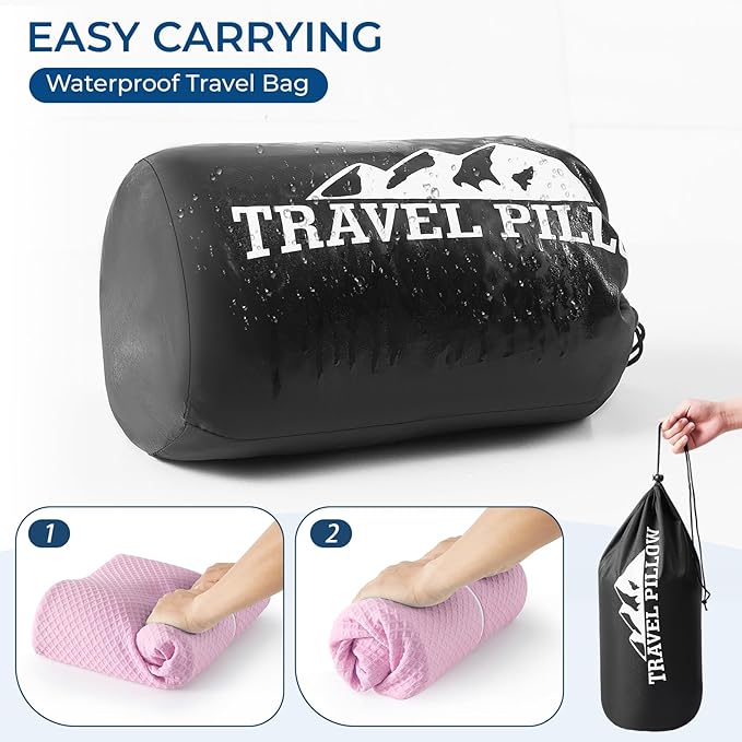 Travel Pillow Memory Foam Pillows, Ergonomic Wave Cervical Neck Pillow for Neck Pain Relief, Compressible Medium Firm Side Sleeper Pillow, Ideal for Camping, Office, Home & Bed (Pink, L)