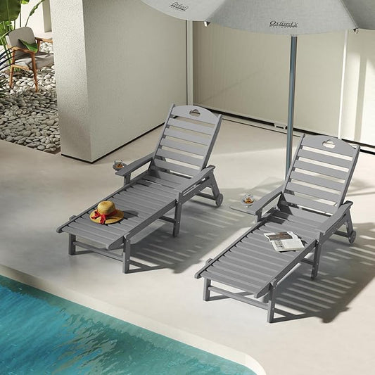Oversized Chaise Lounge Chair Outdoor with Wheels & Cup Holder, 6-Position Adjustable HDPE Patio Lounge Chair for Poolside, Garden, Deck & Lawn (Grey, 2-Piece)