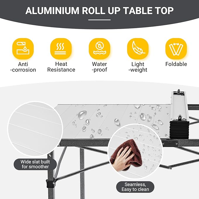 KingCamp Camping Table Aluminum Folding Table Portable Lightweight Roll Up Foldable Camp Table for Indoor & Outdoor Camping Picnic Barbecue Backyard Party, 4-5Person
