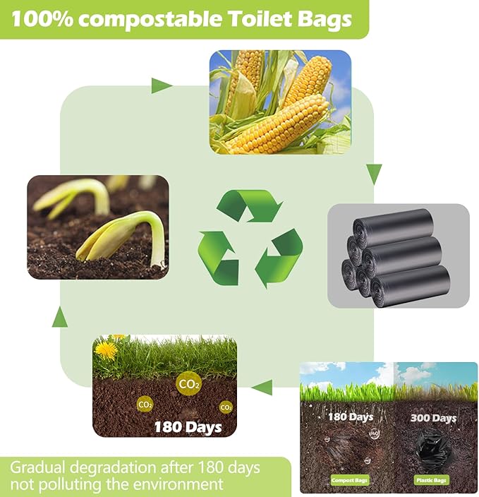 60 portable toilet bags，8 Gallon camping toilet waste bags for 5 gallon bucket,1mil bildegradable porta potty luggable loo bags for adults travel heavy-duty