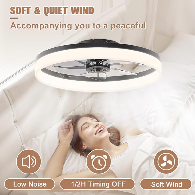 VOLISUN Low Profile Ceiling Fans with Lights and Remote, 23.6in Flush Mount Ceiling Fans with Light, 3000K-6500K Dimmable Fandelier LED Fan Light, Bladeless Ceiling Fan with Lights for Bedroom(Black)