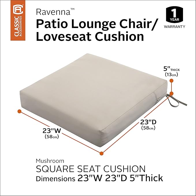 Classic Accessories Ravenna Water-Resistant 23 x 23 x 5 Inch Square Patio Seat Cushion Slip Cover & Foam, Mushroom, Lounge Chair Cushion