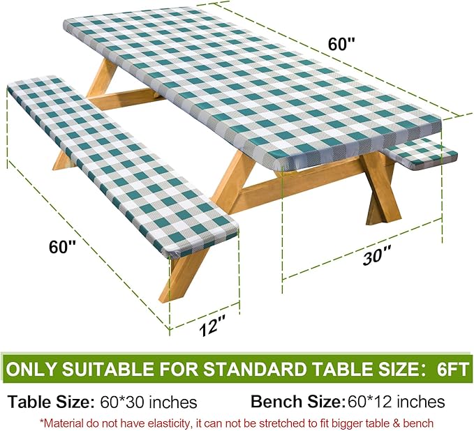 Picnic Table Cover with Bench Covers Camping Essentials Waterproof Windproof Camping Tablecloth with Drawstring Bag, Fitted Rectangle Tables and Seats, 60in, White Green Checkered