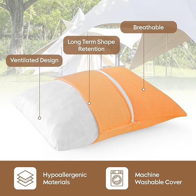 Small Shredded Memory Foam Pillow, Camping Pillow Travel Pillow - Compressible Medium Firm, Breathable Cover, Ideal Backpacking Hiking, Airplane and Car (Apricot Yellow, M)