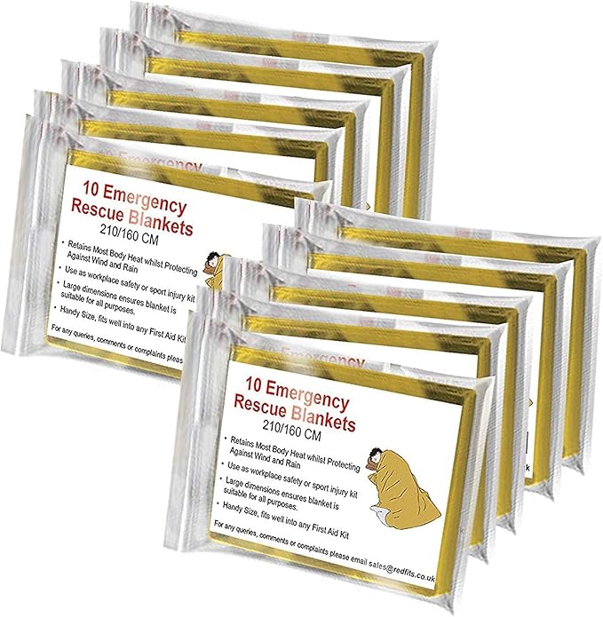 Bramble 10 Pack Extra Large Foil Mylar Emergency Blankets for Survival 83x63, Heat Reflective Thermal Space Blanket, Emergency Foil Blanket for Camping, Outdoor, First Aid