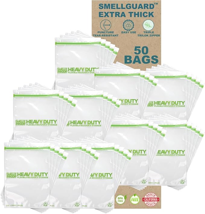 50 PACK, Heavy Duty 5mil Thick REUSABLE Food Freezer STORAGE BAGS by Smelly Proof, Extra X-Large, US-Made, Non-Silicon, No PEVA, BPA FREE, Dishwasher-Safe, Triple Zip, XXL 2-Gallon 12" x 16" - 50 pcs
