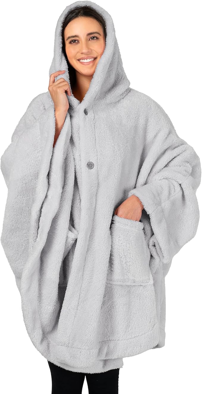 PAVILIA Angel Wrap Hooded Blanket Poncho, Wearable Blanket Throw Wrap Poncho for Women Adult, Cozy Fluffy Sherpa Fleece Shawl Cape with Hood pockets, Warm Gift for Mom Wife, Light Gray