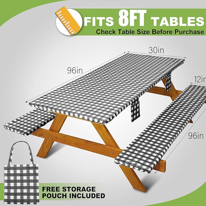 Fitted Picnic Table Cover with Bench Covers Waterproof Elastic Edges Rectangle Patio Tablecloth Outdoor Camping Essentials Stuff Rv Accessories Summer Trip Travel Supplies Party Camper Gifts, 8 ft