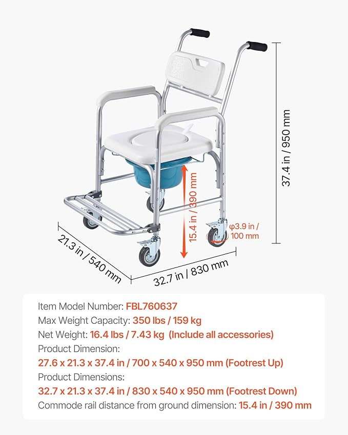 VEVOR Bedside Commode Chair with Wheels, 350 lbs Capacity, 4-in-1 Portable Toilet and Raised Toilet Seat with Padded Seat/Backrest/Flip-up Footrest, Detachable 5L Bucket, Shower Wheelchair for Seniors