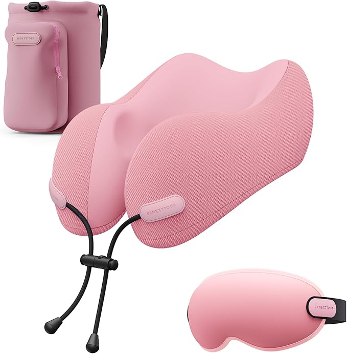Neck Pillow for Travel Memory Foam Design Models Pillows with Zero Eye Pressure 3D Eye Mask and Compact Bag Traveling Essentials Plane Car Flight Rest Sleeping Use Adult, Pink