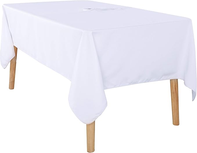 LUSHVIDA Rectangle Outdoor Tablecloth with Umbrella Hole and Zipper, 60x84 Inch White, Washable Waterproof Table Cloth Spill Proof Wrinkle Free Table Cover for Patio Spring Summer Picnic BBQS
