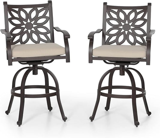 PHI VILLA Outdoor Swivel Bar Stools Set of 2, Cast Aluminum High Top Pub Height Patio Bar Chairs with Seat Cushion
