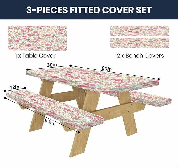 CAPSCEOLL Elastic Picnic Table Cover with Bench Covers 5Ft Waterproof Fitted Picnic Table Cover Cloths for Outdoors Camping Tablecloth with Drawstring Bag, 60X30in, Pink Flowers