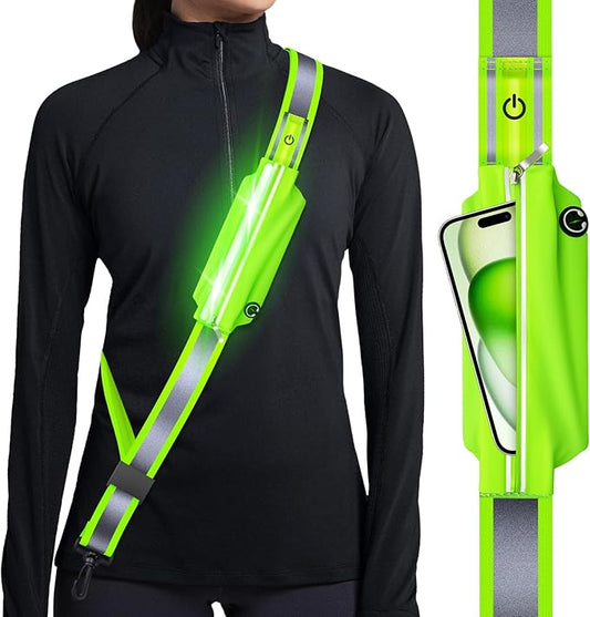 Reflective Sash Gear for Walking at Night,LED Reflective Belt Safety Lights,Lights for Night Dog Walking,High Visibility Type-C Rechargeable with Phone Holder for Men Women