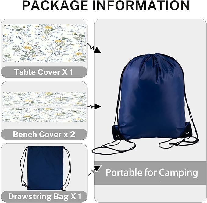 CAPSCEOLL Elastic Picnic Table Cover with Bench Covers 5Ft Waterproof Fitted Picnic Table Cover Cloths for Outdoors Camping Tablecloth with Drawstring Bag, 60X30in, Blue Yellow Flowers