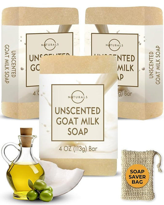 O Naturals 3-Pcs Goat Milk Soap with Soap Saver Bag - Unscented, Triple-Milled, Nourishing, for Sensitive Skin