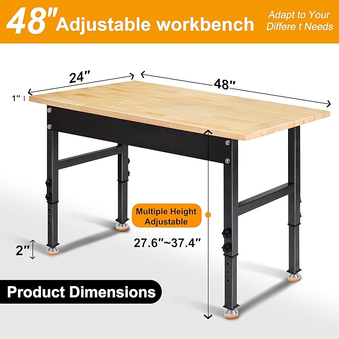 48" Adjustable Work Bench, Rubber Wood Top Workbench Heavy-Duty Work Table, 2000 LBS Load Capacity Hardwood Work Benches for Garage, Workshop, Home, Office, Easy Assembly
