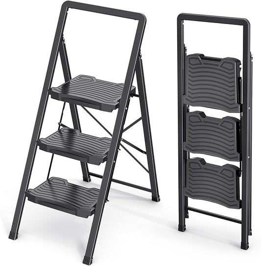 KINGRACK 3 Step Ladder 800lb Capacity, Folding Step Stool with Wide Anti-Slip Pedal & Safety Handrails, Lightweight Steel Ladder for Kitchen, Pantry, Office, Black