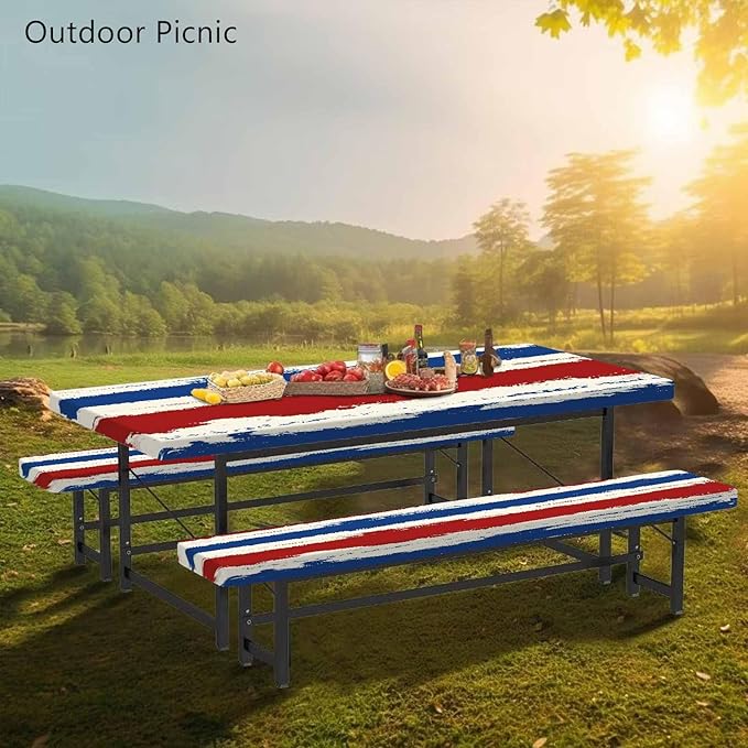 CAPSCEOLL Fitted Picnic Table Cover with Bench Covers with Elastic 8Ft Waterproof Camping Picnic Table Cover Cloths for Outdoors Camping Tablecloth with Drawstring Bag, 96X30in, Red Blue