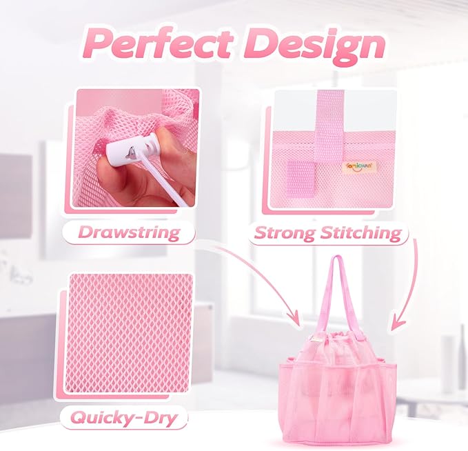 Mesh Shower Caddy Portable with Drawstring, Dorm Room Essentials for College Students Girls, Large Shower Bag for Camping,Swimming,Gym,Travel,Bathroom - Pink