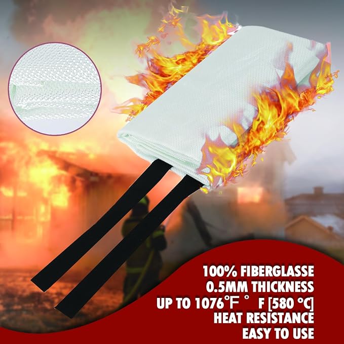 MDH Fire Blanket 40x40 inches Fiberglass w/Gloves Hooks Whistle - Fireproof Safety for Home Kitchen Restaurant House - Fire Suppression Reusable (Fire Blanket 2-Pack)
