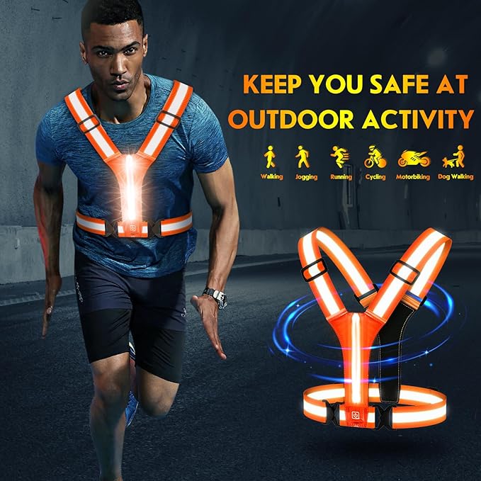 Simket Led Reflective Vest Running Gear, High Visibility Reflective Running Gear Rechargeable Adjustable Led Running Vest, Safety Night Running Gear for Men Women