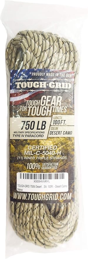TOUGH-GRID Paracord Rope 750 lbs Nylon Parachute Cord, Made in USA Survival Kit, Outdoor Adventures, Camping, Tactical Gear & Emergency Supplies, Military Type IV Mil-Spec
