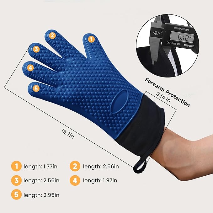 GEEKHOM BBQ Gloves Heat Resistant Oven Mitts - Silicone Grilling Gloves with 13.7" Arm Protection - Waterproof Pot Holder Non-Slip for Men & Women, Kitchen Outdoor Cooking, Baking, Camping, Royal Blue