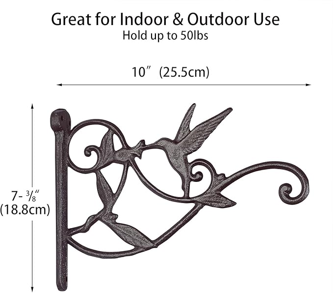 2PCS Plant Hangers Outdoor Plant Hooks for Wall/Fence, Hummingbird Hanging Plant Bracket Heavy Duty Cast Iron Plant Hanger for Lantern/Bird Feeder, Drak Brown